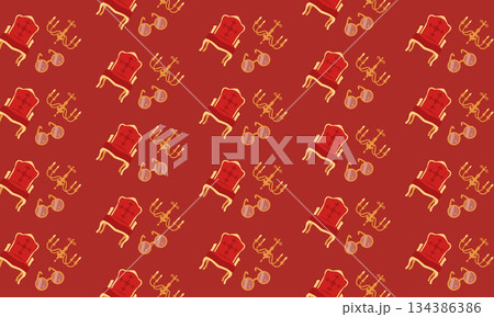 Seamless theatre pattern with stage chair, chandelier and opera glasses, classic performance background illustration 134386386
