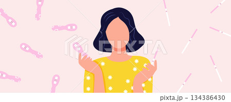 Women health illustration banner about pregnancy, woman holding pregnancy tests on pink background, motherhood and reproductive health concept 134386430