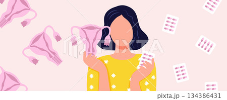 Women health illustration banner about menstruation, woman holding uterus and pain relief pills on pink background, period care and gynecology concept 134386431