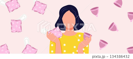 Women health illustration banner about menstruation, woman comparing sanitary pad and menstrual cup on pink background, period care choice concept 134386432