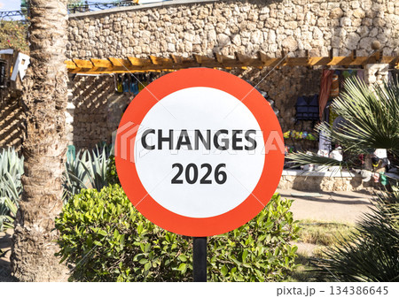 Changes 2026 symbol. Concept words Changes 2026 on beautiful white and red road sign. Beautiful palm trees palm-trees background. Business and changes 2026 concept. Copy space. Changes 2026 symbol. Concept words Changes 2026 on beautiful white and red road sign. Beautiful palm trees palm-trees background. Business and changes 2026 concept. Copy space. 134386645