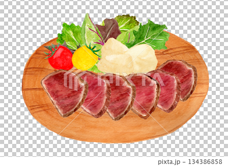 Hand-drawn watercolor illustration of plated roast beef and garnishes Hand-drawn watercolor illustration of plated roast beef and garnishes 134386858