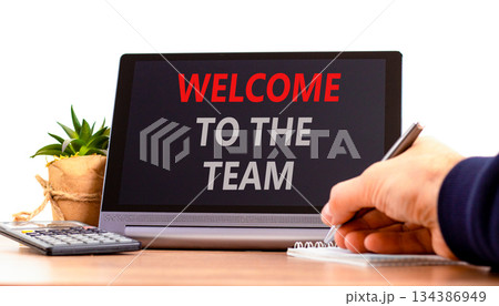 Support, help welcome to the team symbol. Concept words Welcome to the team on beautiful tablet. Beautiful white background. Businessman's hand. Business welcome to the team concept. Copy space. 134386949