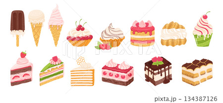 Cakes pieces of cake ice cream different types desserts vector set Birthday wedding holiday bakery 134387126