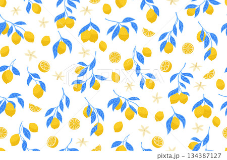 Lemons bright seamless pattern different fruits citrus blossom branches boundless background 134387127