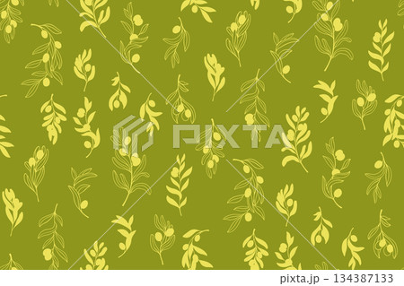 Olive branches with leaves olives seamless pattern botanical elegant vector boundless ornament Olive branches with leaves olives seamless pattern botanical elegant vector boundless ornament 134387133