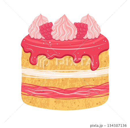 Cake with raspberry and dripping glaze texture cartoon illustration bakery pie art vector design 134387136