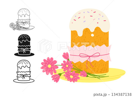 Easter cake flowers for Happy Easter symbol cartoon set bakery cute sweet bread icing pastry icon 134387138