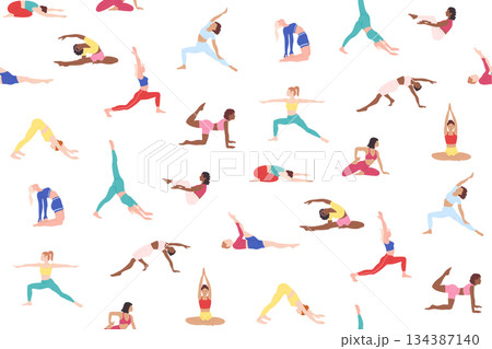 Women do yoga Pilates exercises seamless pattern healthy wellness endless vector endless background 134387140