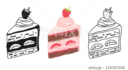 Piece of Cake strawberry dripping glaze texture symbol cartoon set linear doodle icon vector art 134387208