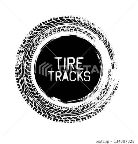 Grunge circle tire track, wheel braking mark. Truck, car or motorcycle tread pattern silhouettes. Auto race, motorsport, speed racing design element. Vector illustration 134387329