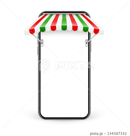 Smartphone with shop sunshade, metal mount, online internet shopping. Realistic striped cafe awning. Outdoor market tent. Roof canopy in Italian flag colors. Summer street store. Vector illustration Smartphone with shop sunshade, metal mount, online internet shopping. Realistic striped cafe awning. Outdoor market tent. Roof canopy in Italian flag colors. Summer street store. Vector illustration 134387332