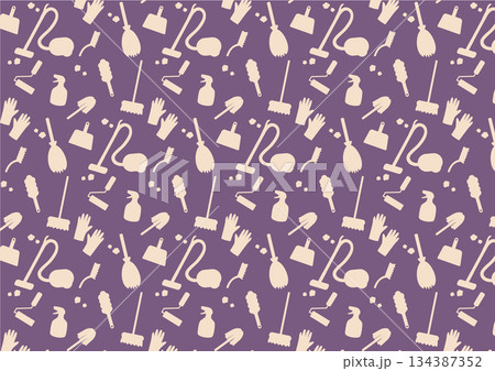 お掃除道具のシルエット柄シームレスパターン素材（紫） 134387352