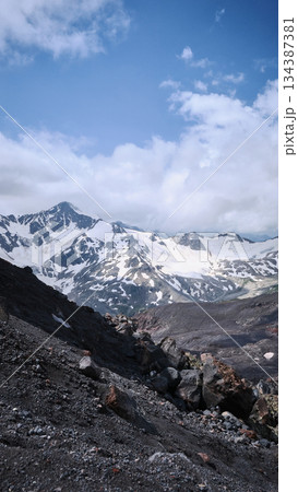 Snow-Capped Mountain Peaks and Rocky Alpine Ridge Snow-Capped Mountain Peaks and Rocky Alpine Ridge 134387381