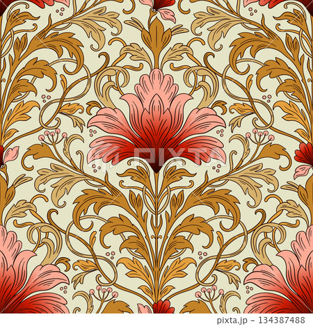 Art Nouveau Seamless Pattern With Vintage Iris Flowers And Antique Ornamental Leaves 134387488