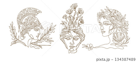 Greek Goddess Antique Mythology Athena Demeter Aphrodite Vector Set Line Art 134387489