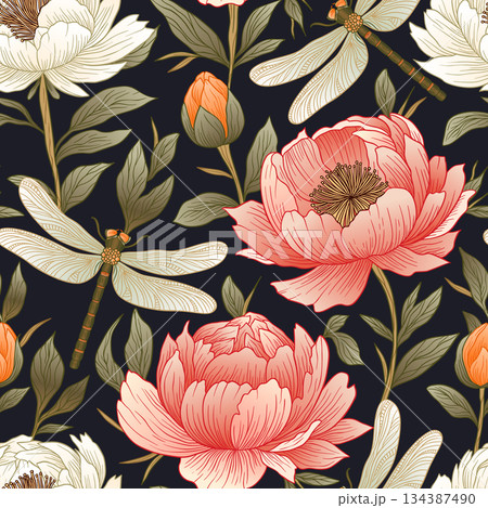 Vintage Floral Peony Seamless Pattern With Peonies Dragonfly And Leaves Aesthetic Luxury Boho Background Vintage Floral Peony Seamless Pattern With Peonies Dragonfly And Leaves Aesthetic Luxury Boho Background 134387490
