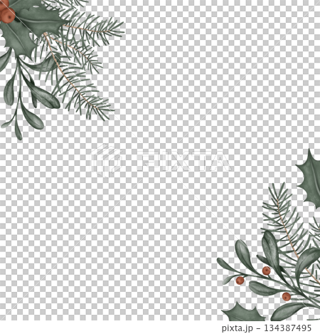 Square frame with hand drawn illustration of green branch of fir tree and holly with red berry. Postcard for New year or Christmas design in muted tones Square frame with hand drawn illustration of green branch of fir tree and holly with red berry. Postcard for New year or Christmas design in muted tones 134387495