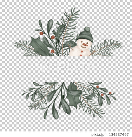 Watercolor Christmas or new year wreath with fir branches and place for text. Illustration for greeting cards with and invitations with snowman. Tree branches and red berry of ilex. Watercolor Christmas or new year wreath with fir branches and place for text. Illustration for greeting cards with and invitations with snowman. Tree branches and red berry of ilex. 134387497