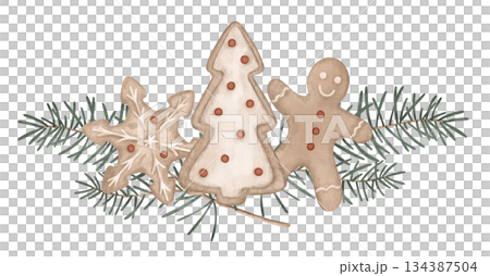 Christmas composition with fir tree and new year cookies beige gingerbread man decorated with colorful icing and fir tree and snowflake. Festive holiday decorations of Christmas illustration 134387504