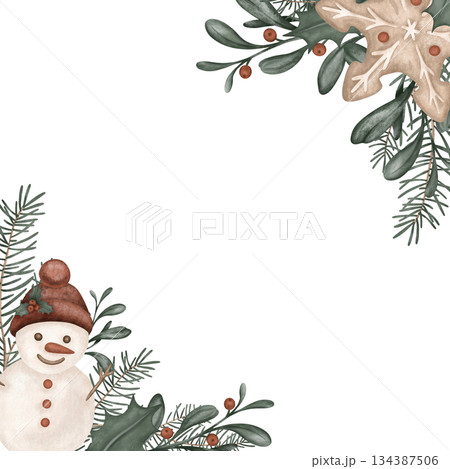 Square frame watercolor illustration with pine branches, for tree, bow. Postcard for holly and red berries and sweet cookie gingerbread. Hand drawn new year illustration snowman. Square frame watercolor illustration with pine branches, for tree, bow. Postcard for holly and red berries and sweet cookie gingerbread. Hand drawn new year illustration snowman. 134387506