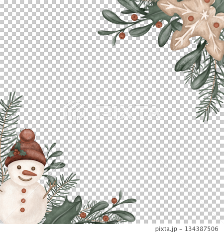 Square frame watercolor illustration with pine branches, for tree, bow. Postcard for holly and red berries and sweet cookie gingerbread. Hand drawn new year illustration snowman. Square frame watercolor illustration with pine branches, for tree, bow. Postcard for holly and red berries and sweet cookie gingerbread. Hand drawn new year illustration snowman. 134387506