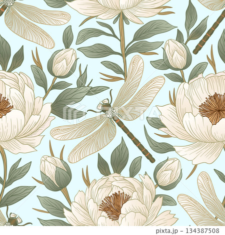 Vintage Peony And Dragonfly Seamless Floral Pattern Vector For Botanical Nature Design Vintage Peony And Dragonfly Seamless Floral Pattern Vector For Botanical Nature Design 134387508