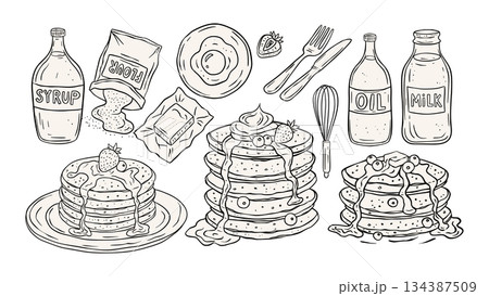 Pancake Breakfast Vector Set In Sketch Retro Style Cartoon Food Illustration 134387509