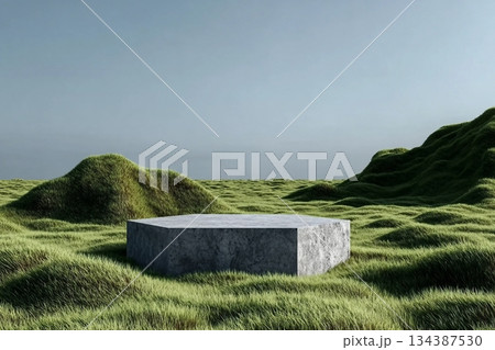 Abstract 3d render platform and mockup natural background, Stone podium on the grass field backdrop meadow mountain for product stand display, advertising or etc 134387530