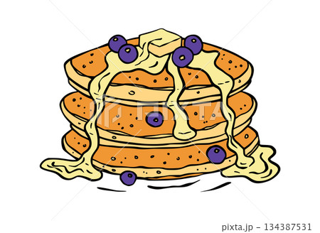 Blueberry Pancake With Syrup In Sketch Retro Doodle Style Cartoon Vector Illustration Blueberry Pancake With Syrup In Sketch Retro Doodle Style Cartoon Vector Illustration 134387531