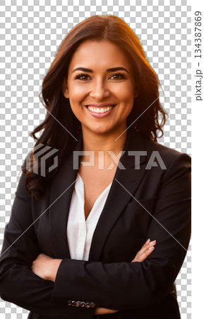 A Latina business leader with a vibrant presence, her smile warm and inviting, as golden light envelops her, symbolizing creativity 134387869