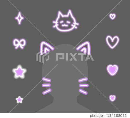 紫色のネオン風の猫耳と落書きのデコレーション素材セット 134388053