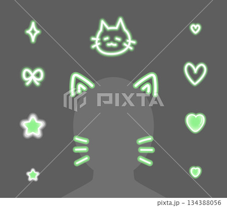 緑色のネオン風の猫耳と落書きのデコレーション素材セット 緑色のネオン風の猫耳と落書きのデコレーション素材セット 134388056