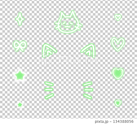 緑色のネオン風の猫耳と落書きのデコレーション素材セット 緑色のネオン風の猫耳と落書きのデコレーション素材セット 134388056