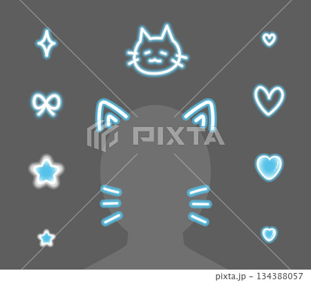 青いネオン風の猫耳と落書きのデコレーション素材セット 134388057