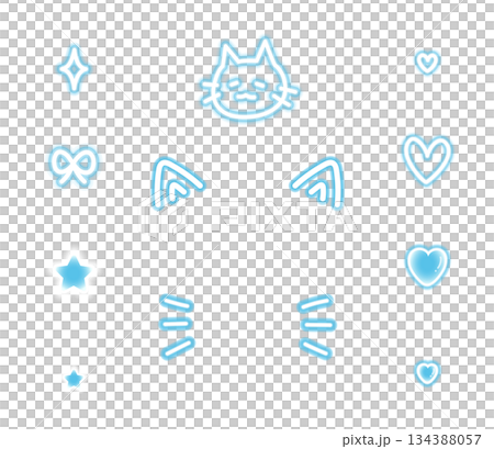 青いネオン風の猫耳と落書きのデコレーション素材セット 134388057