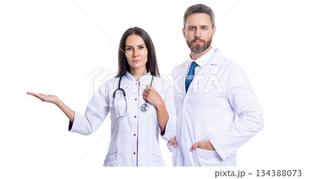 doctor presenting advertisement. health care advertisement. two doctor work in medicine. healthcare practitioner doctor isolated on white. medicine and healthcare. Pharmaceutical Ads doctor presenting advertisement. health care advertisement. two doctor work in medicine. healthcare practitioner doctor isolated on white. medicine and healthcare. Pharmaceutical Ads 134388073