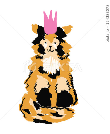 A cute little cat wearing a pink crown, illustrated in a whimsical style. A colourful sketch. 134388078