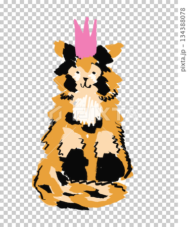 A cute little cat wearing a pink crown, illustrated in a whimsical style. A colourful sketch. 134388078