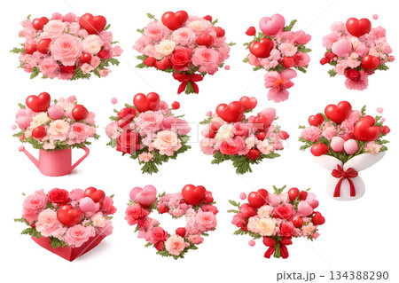 バレンタインの花束とハートのフラワーアレンジ素材 134388290