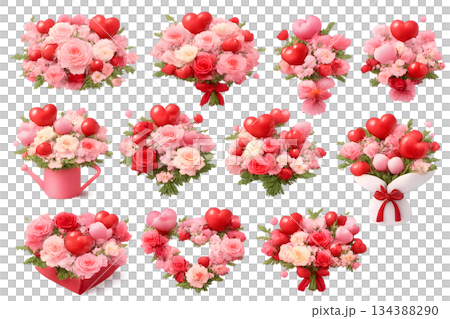 バレンタインの花束とハートのフラワーアレンジ素材 134388290