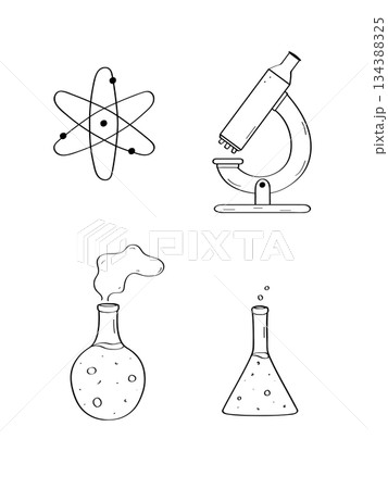 Atom model, microscope and tube doodle icons for scientific experiments and research. Vector illustration of a sketch on a white background. 134388325