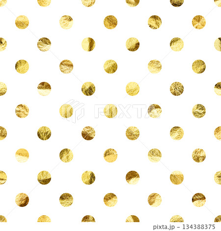 Gold foil seamless texture, shiny handmade circles. Golden glittering pattern. Shining hand drawn background. Wedding, greeting card decoration elements. Modern minimalist art. Vector illustration 134388375