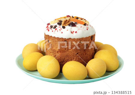 Traditional easter cakes with colorful sprinkles, with eggs isolated on white background. 134388515