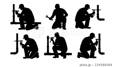 Plumber Fixing Pipes Silhouette Set 134388564