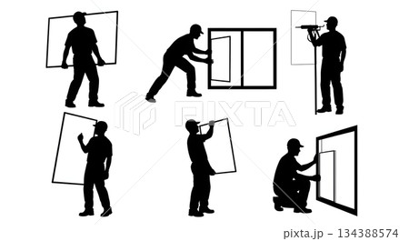 Window Installer and Glazier Silhouette Set 134388574