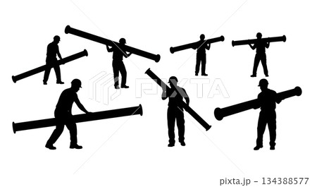 Workers Carrying Pipes Silhouette Set 134388577