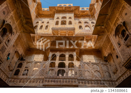 India, Facade of the Nathmal Ki Haveli, a historic mansion located in Jaisalmer. India, Facade of the Nathmal Ki Haveli, a historic mansion located in Jaisalmer. 134388661