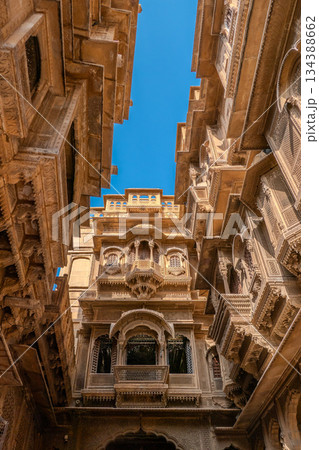 India, Facade of the Nathmal Ki Haveli, a historic mansion located in Jaisalmer. India, Facade of the Nathmal Ki Haveli, a historic mansion located in Jaisalmer. 134388662
