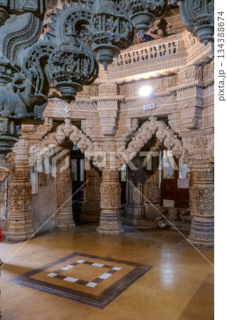 India, finely sculpted interior of one of the Jain temples located in Jaisalmer Fort, Rajasthan, India 134388674